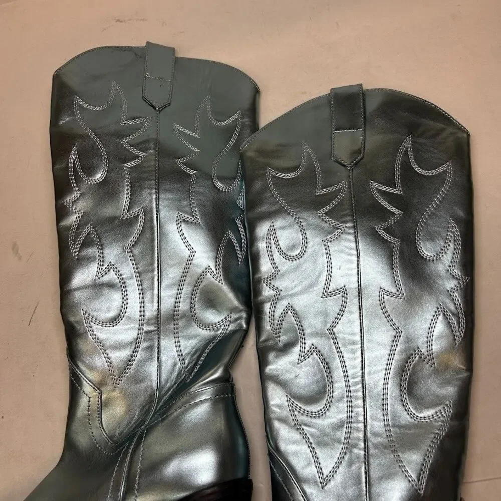 Madden Girl Womens 7 M Blue Metallic Arizona Western Knee High Boots DISPLAY QK3